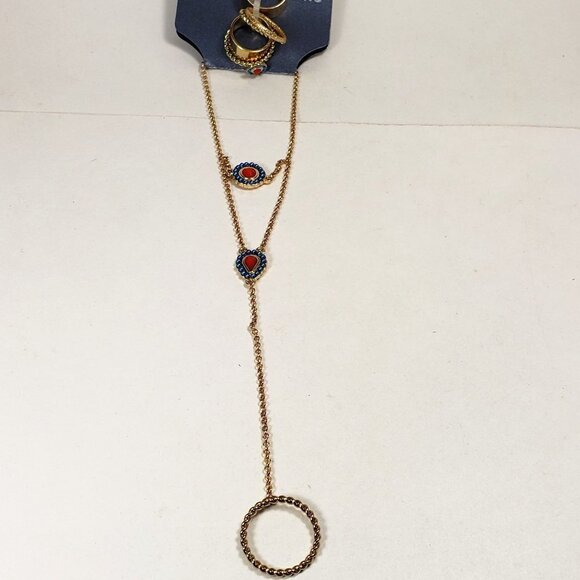 Women's Stylish Gold tone Hand Chain with 5 rings & Blue-Orange Stones - Picture 1 of 7